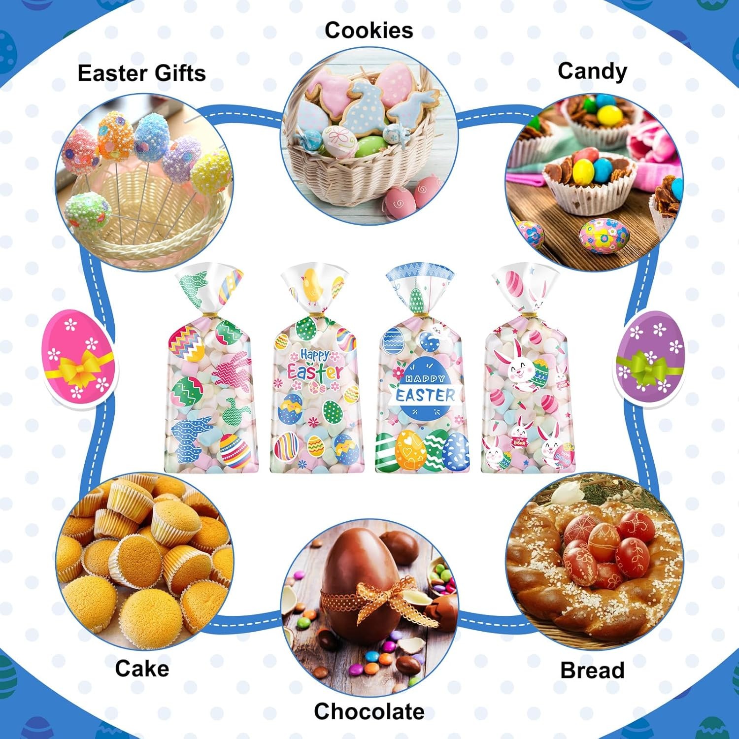 100 Pcs Easter Treat Bags - Happy Easter Gift Bag, Easters Eggs Plastic Cellopha