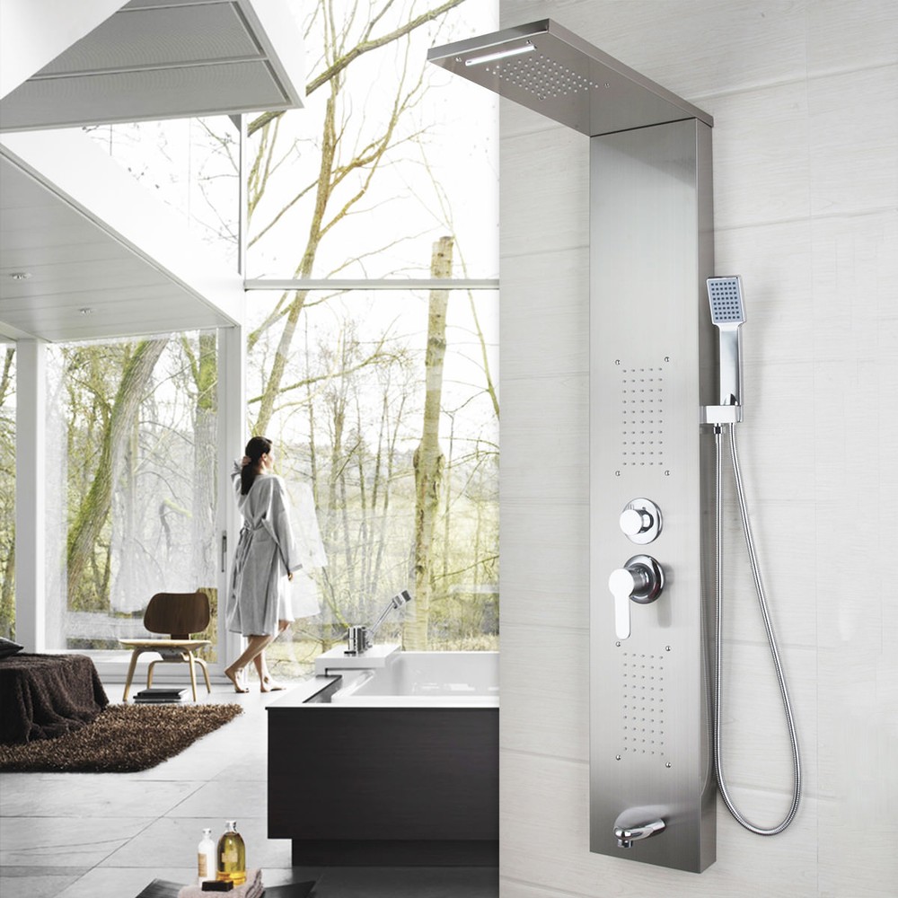Brushed Nickel Bathroom Multi Function Shower Panel Hand Spary Wall Mount Tap