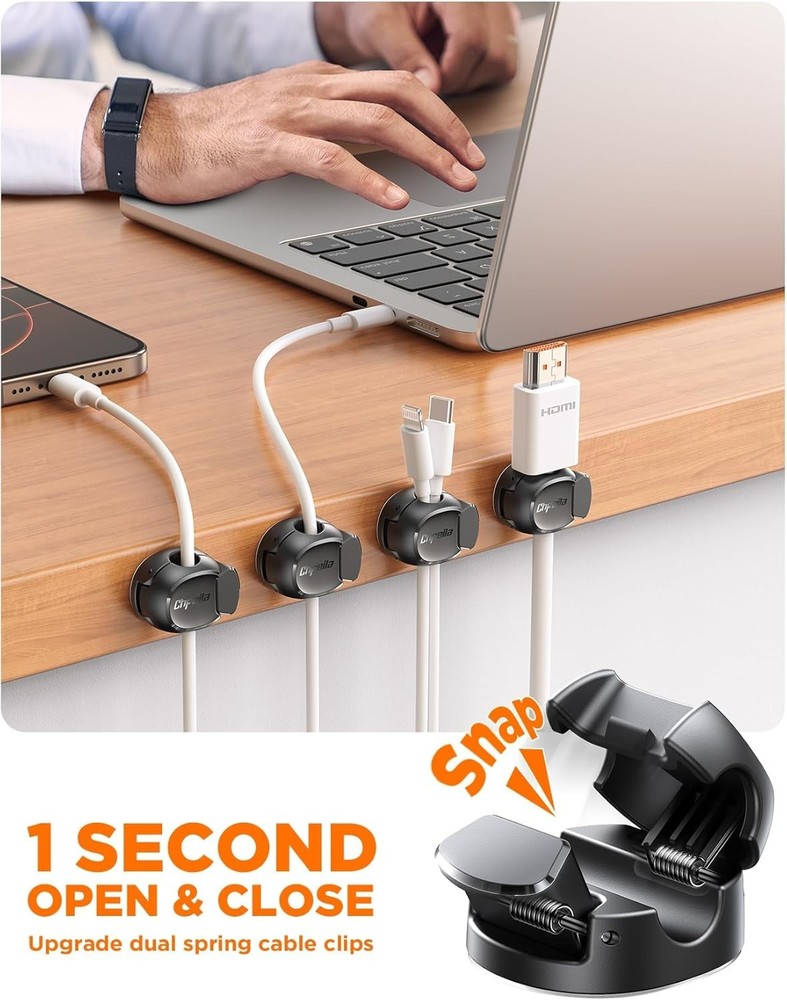 Max Secure Cable Clips - 8-Pack Snap Open Holder for Home Office Essentials