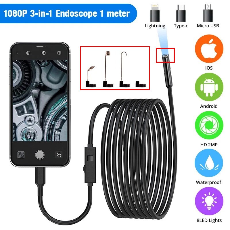 8mm HD Endoscope Borescope 1920P Inspection Camera for iPhone Android