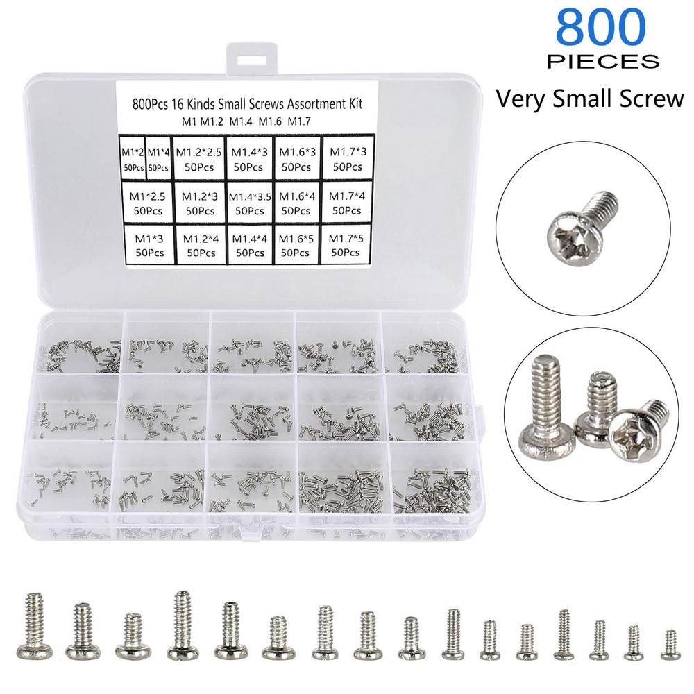 800pcs Tiny Screws for Electronics, M1 M1.2 M1.4 M1.6 M1.7, Silver