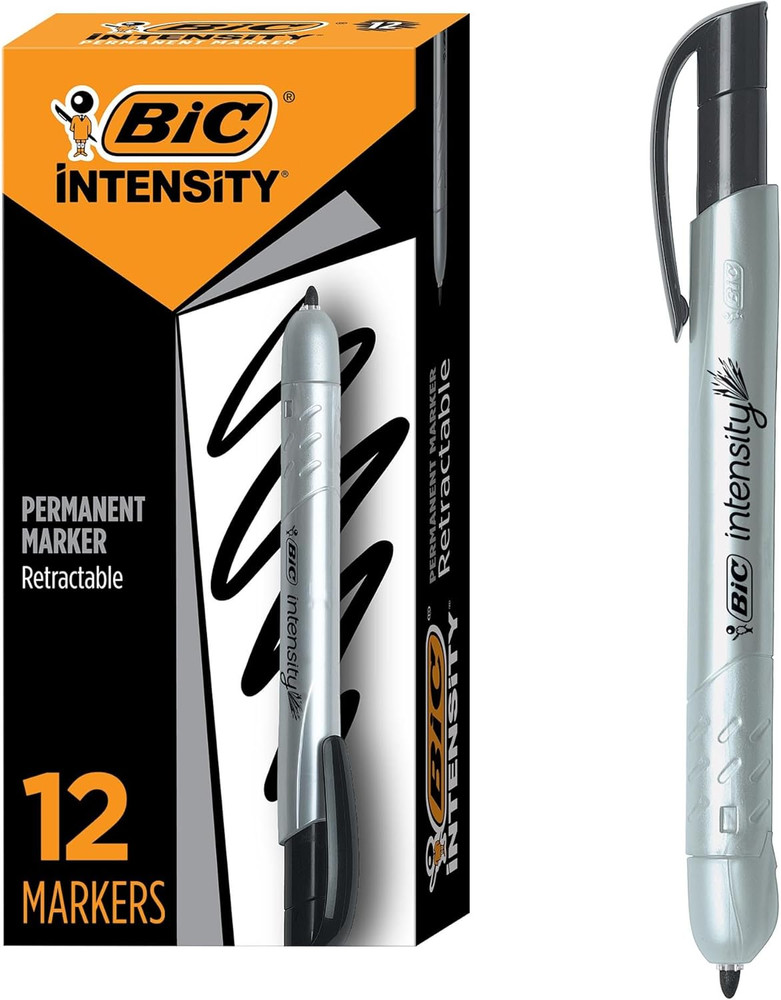 Intensity Retractable Permanent Markers, Fine Bullet Tip, Black, 12-Count Pack,