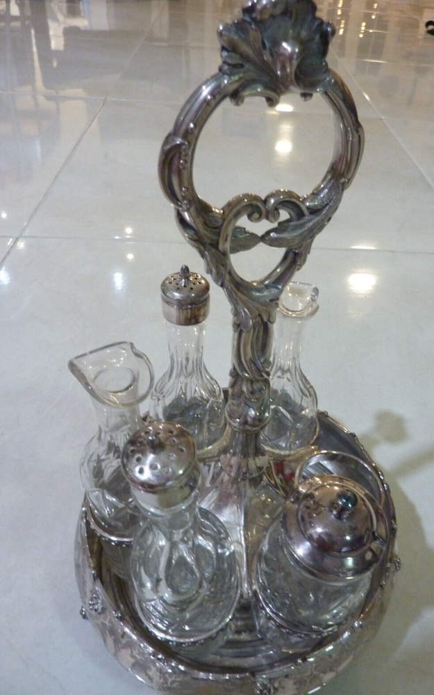Antique Condiment Set Victorian Dining Table Silver Plated FIVE Piece Cruet Set