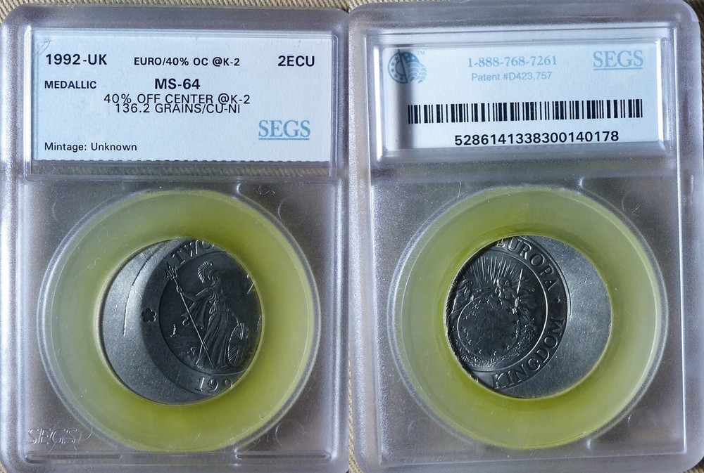Error:Europa Pattern 1992 UK 2 Ecu 40% Off Center MS64 CT201