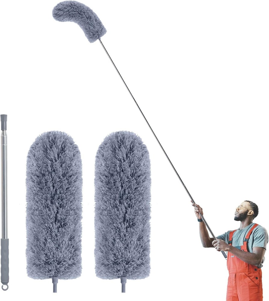 Duster W/ Extension Pole Cleaning 2 Microfiber Heads Kit 100" Long Feather