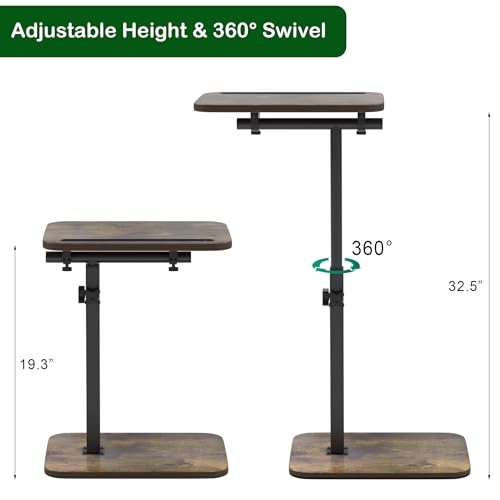 TV Tray Side Table for Couch - 360° Swivel Adjustable Height 1 Rustic Brown