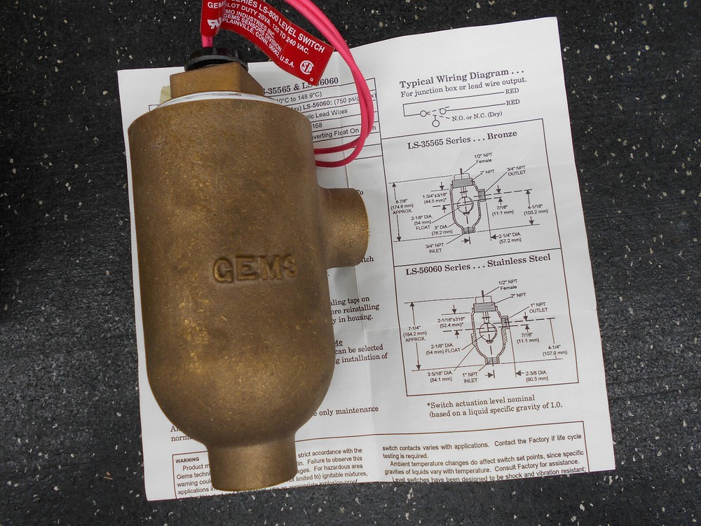 GEMS SENSORS LS-800 LEVEL SWITCH SIDE MOUNTED FLOAT BOTTLE