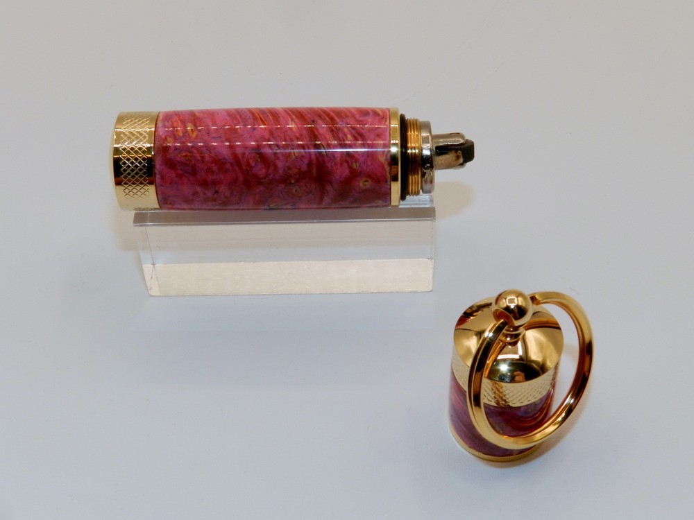 Handmade Key Chain Lighter, replaceable flint. Made w/ Dyed Box Elder Burl. #41