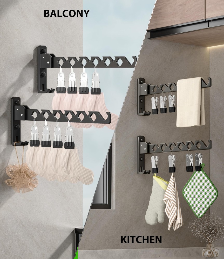 Retractable Wall-Mounted Coat Hanger Rack - 2 Pack, 8 Hooks, Space Saver
