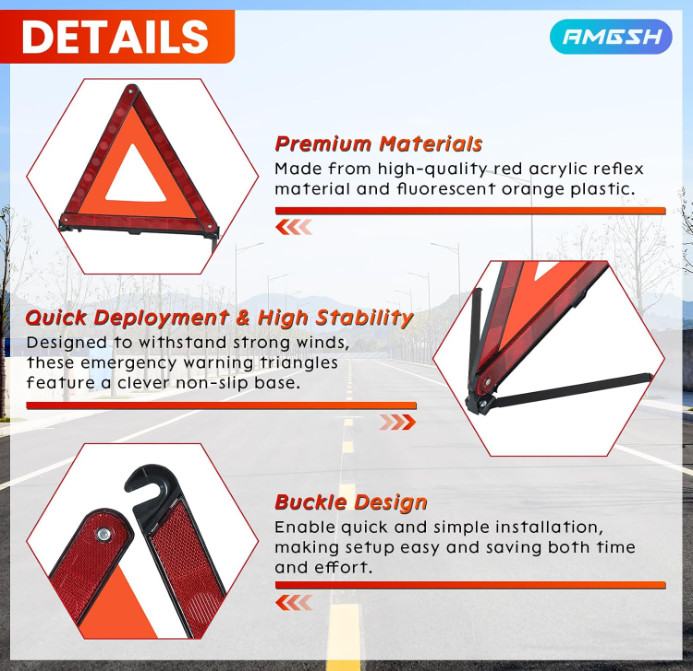 3 Pack Reflective Warning Triangles, Foldable Roadside Emergency Safety Kit