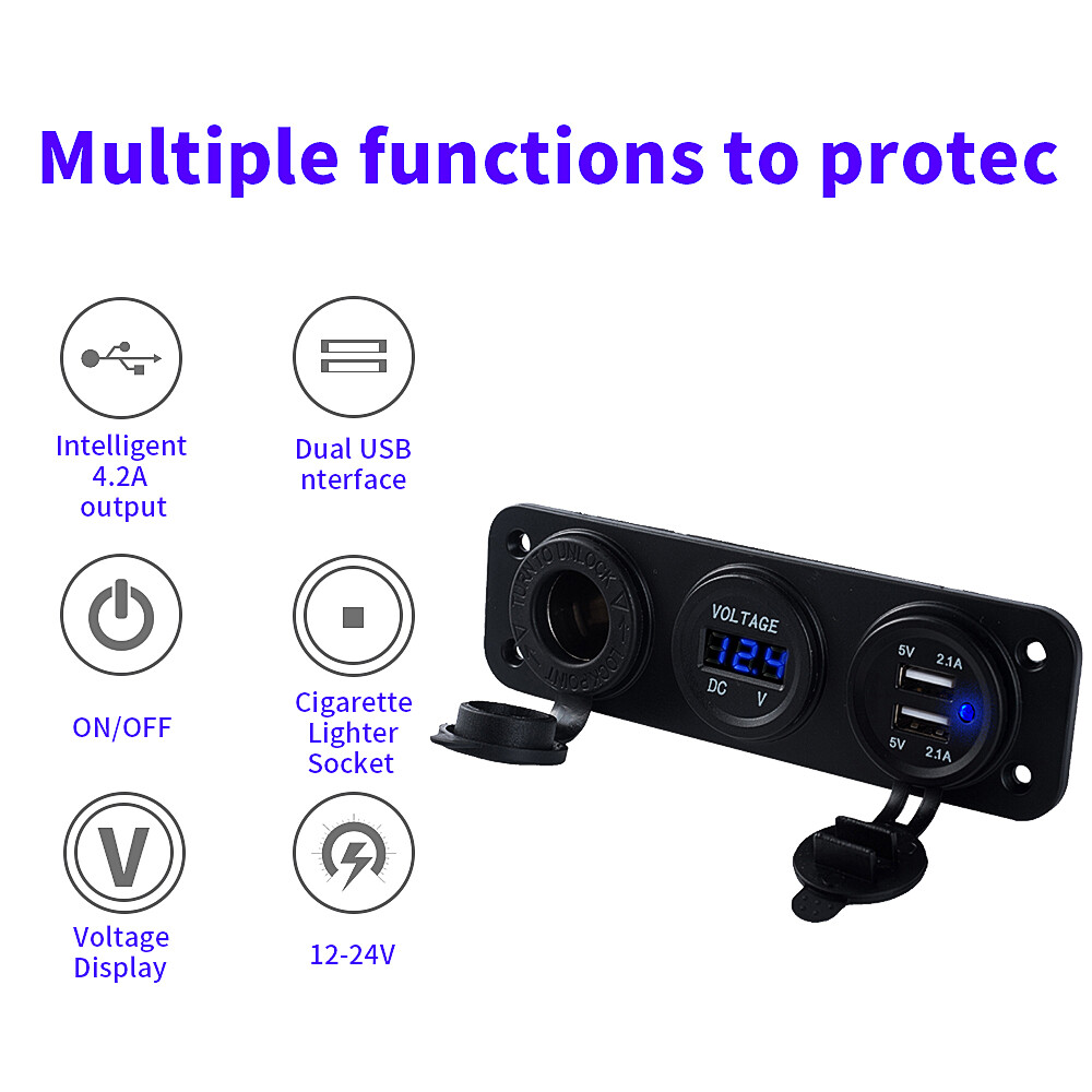 Car Boat RV Switch Panel 2 USB Charger Socket&Cigarette Lighter Voltmeter 12-24V