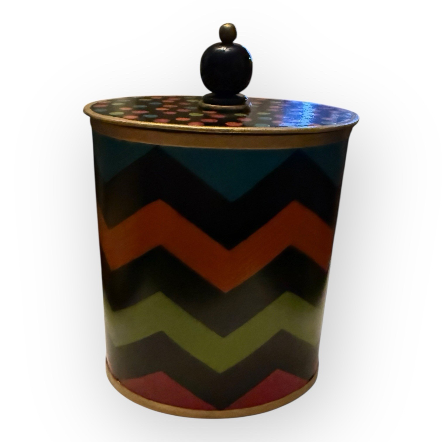 Mackenzie-Childs Trampoline Boutique Cotton Box & Lid Zig Zag Polka Dots 7.5”x5”