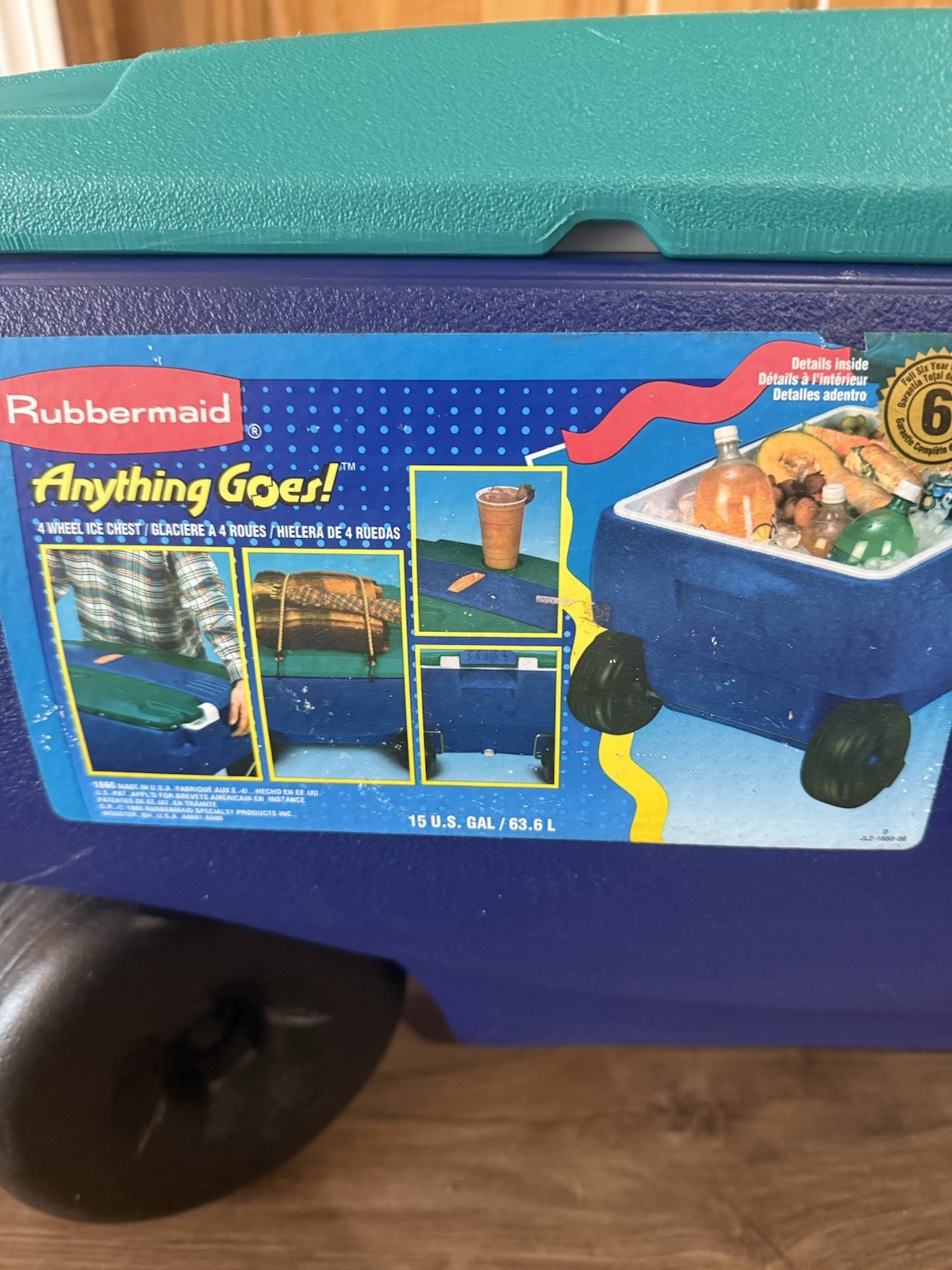 Rare 1996 Vintage Rubbermaid Rolling 60qt Cooler Wagon Blue/Green 4-Wheel 1860