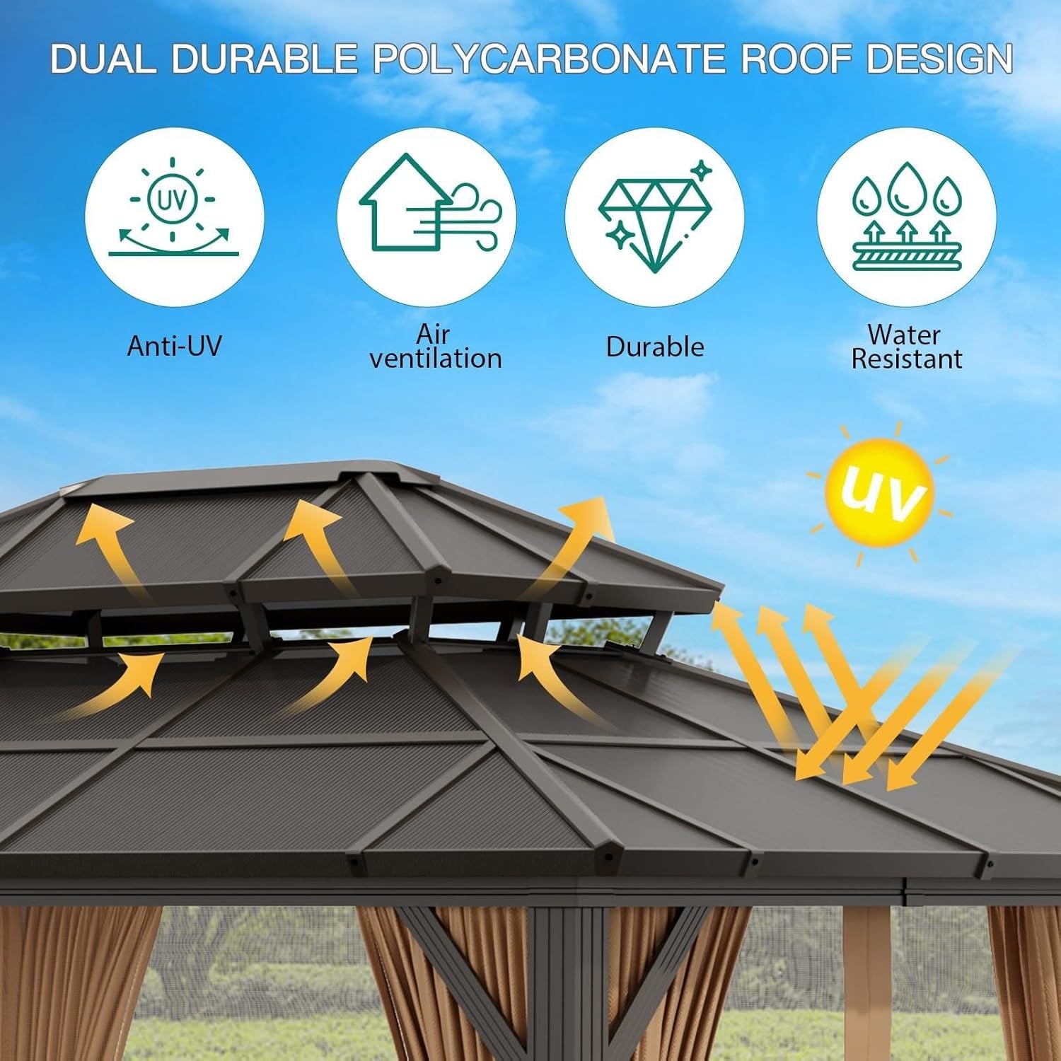 10x12 ft Outdoor Hardtop Gazebo Steel Frame Net Curtains Deck Pool Brown