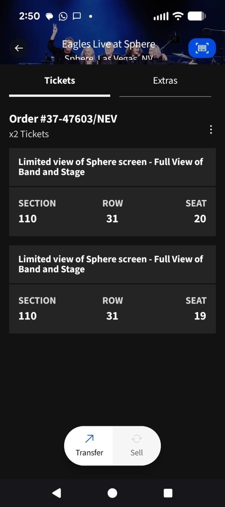 2 tickets for sphere eagle concert