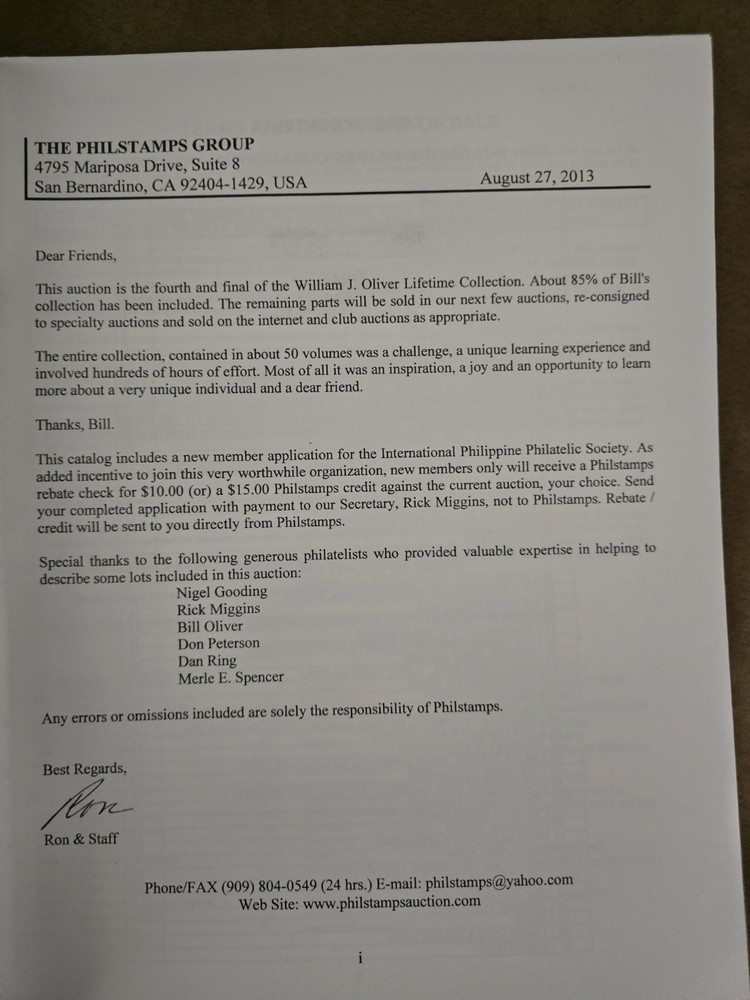 PHILIPPINES FILIPINAS Stamp Auuction Catalog William Oliver Collection