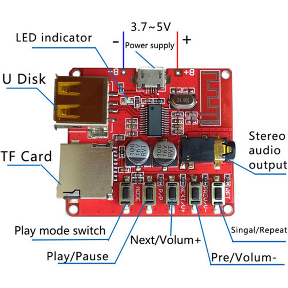 3.7-5V Bluetooth 4.1 Audio Decoder MP3 Player Board Micro USB TF SD Card Module