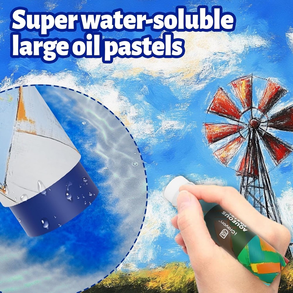 iCrayon Large Water Soluble Pastels, Upgraded Fully Dissolvable Formula, 6 Basic