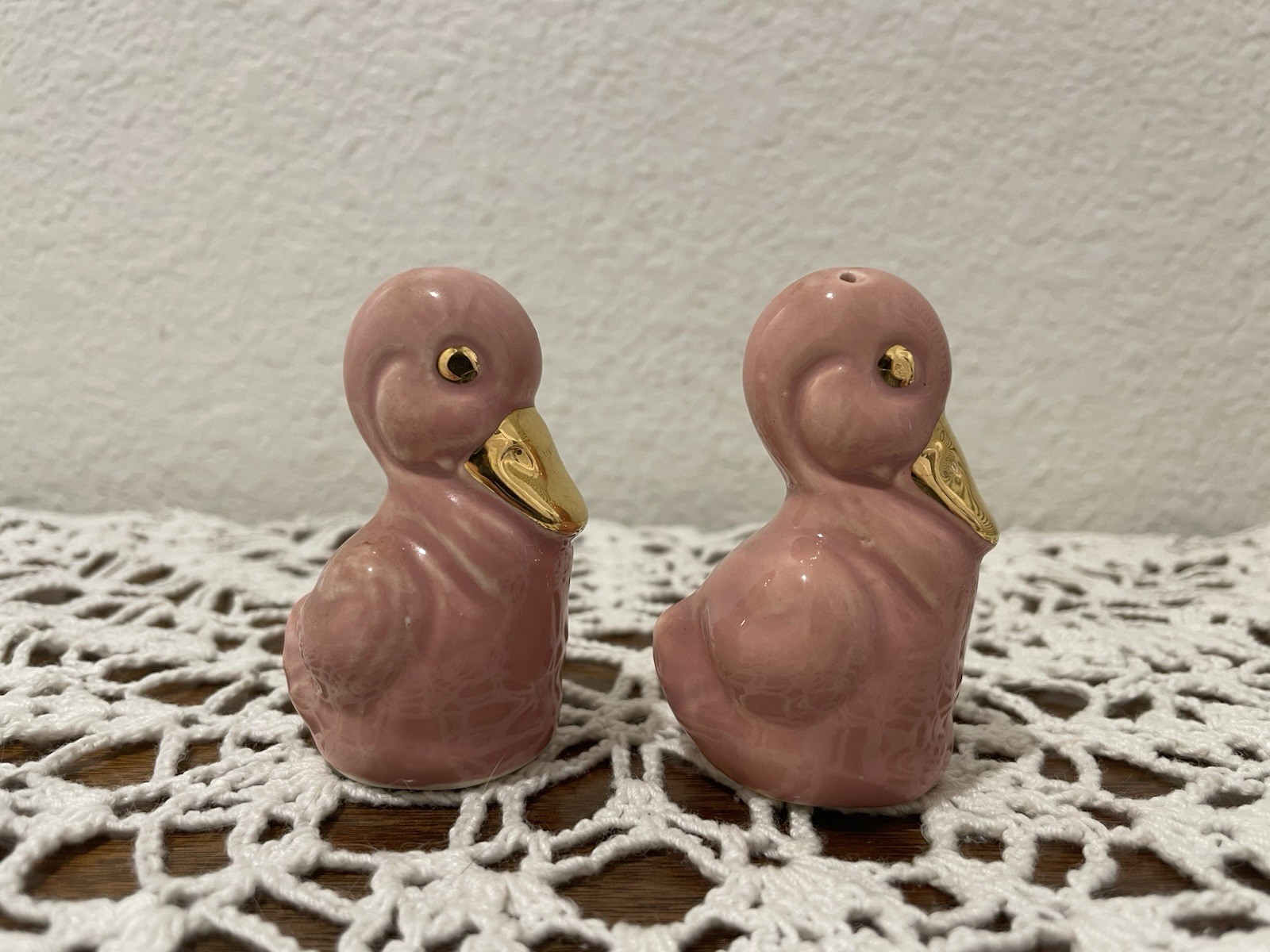 Vintage Pink and Gold Duck Salt and Pepper Shaker Set of 2