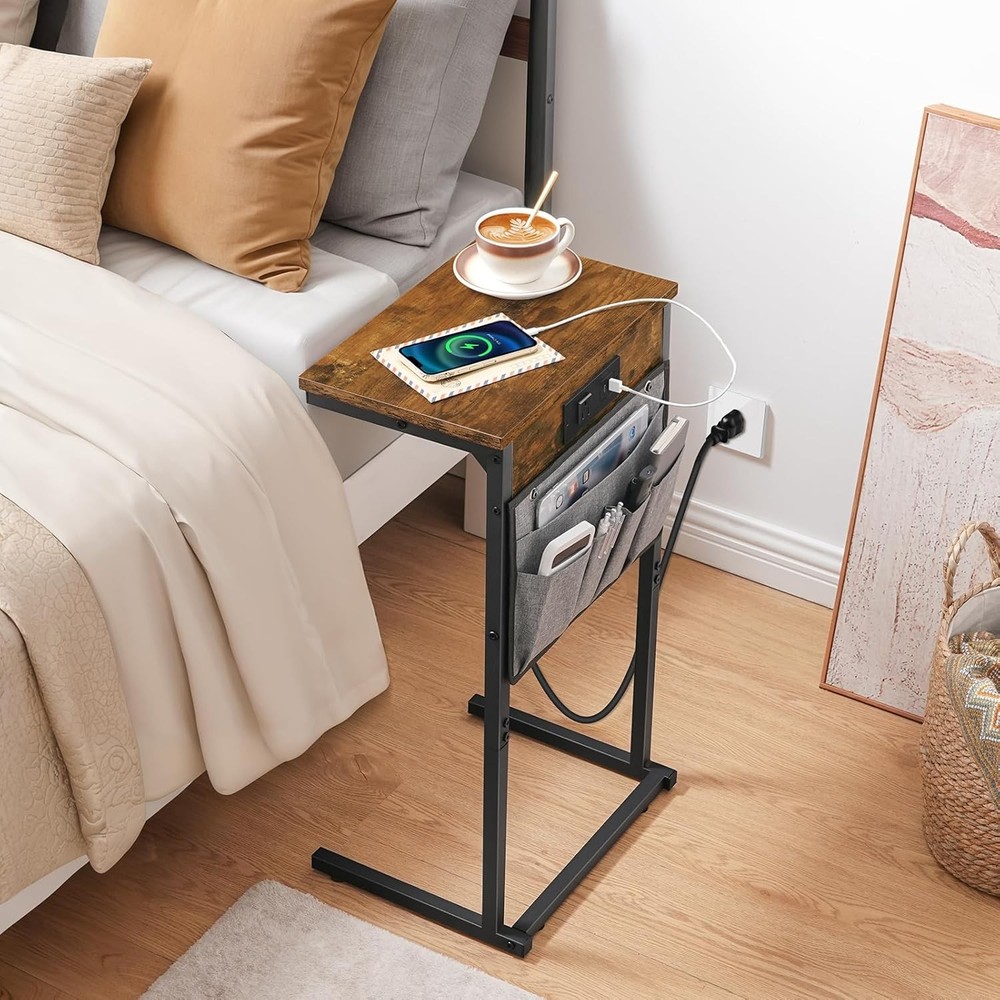 C Shaped End Table W/ Charging Station 28" H Couch Side Table Slide Under Sofa