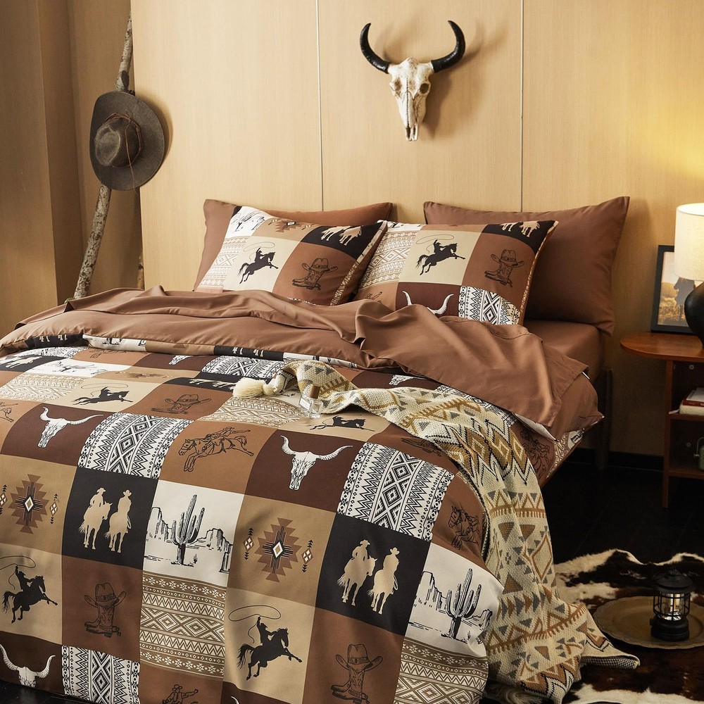 Wake In Cloud - Western Comforter Set with Sheets, Queen, Tan Brown