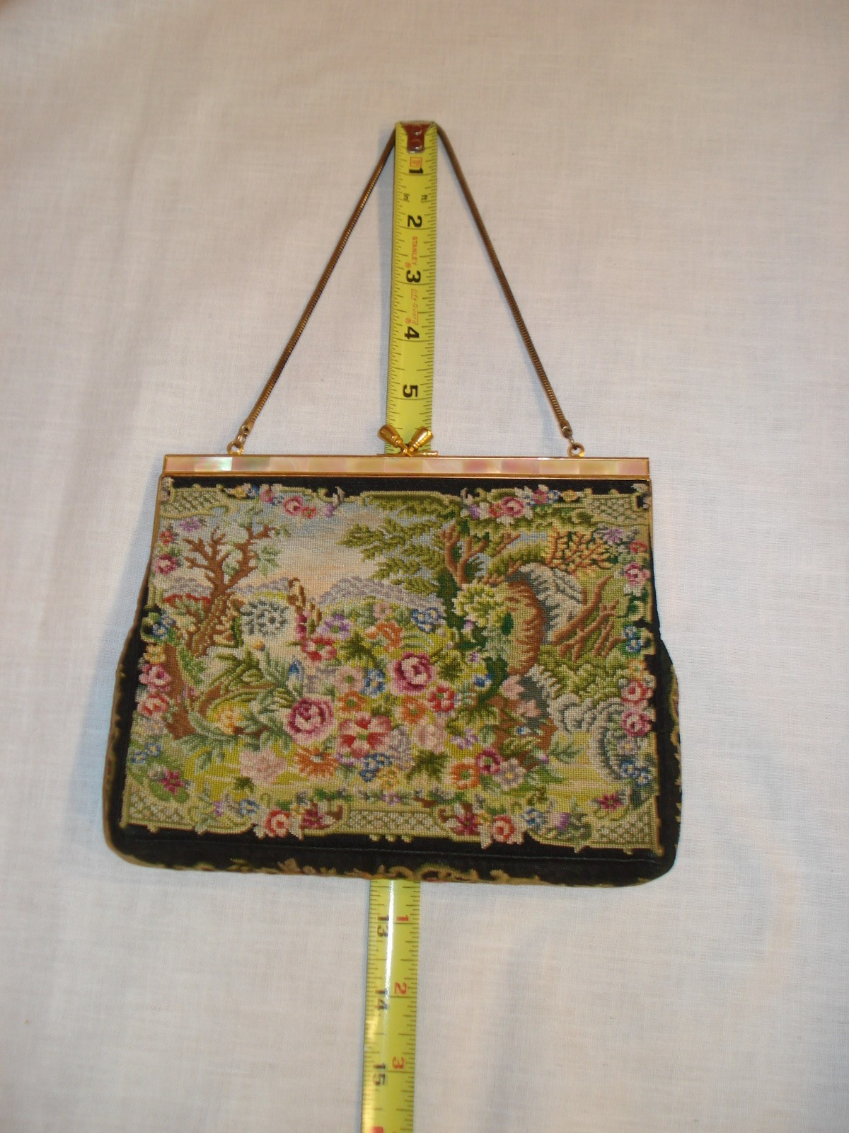 VINTAGE PETIT POINT FLORAL TAPESTRY GOLD METAL MOTHER OF PEARL TRIMMED FRAME