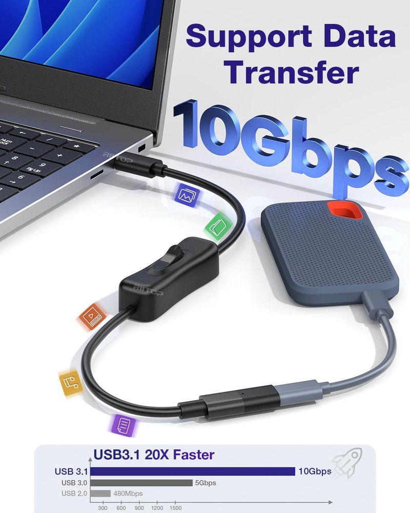 USB Type-C Extension Cable with On Off Switch 1FT, Support Video/Data/Charging