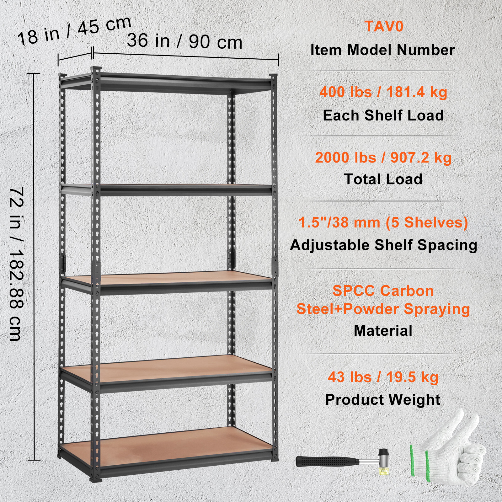VEVOR 18"D x 36"W x 72"H 5 Shelf Steel Shelving Rack Garage Storage 2000lbs Load