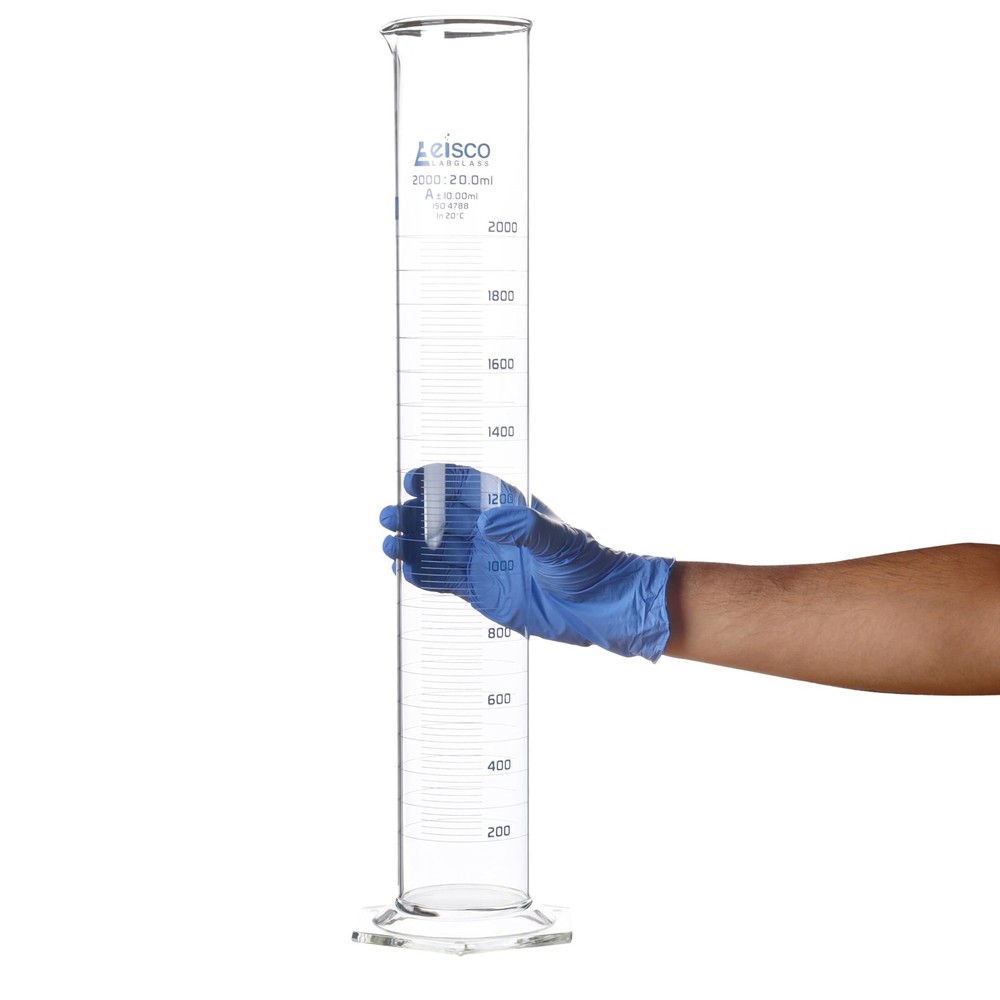 Graduated Cylinder, 2000ml - Class A Tolerance ±10.0ml - Hexagonal Base - Blu...