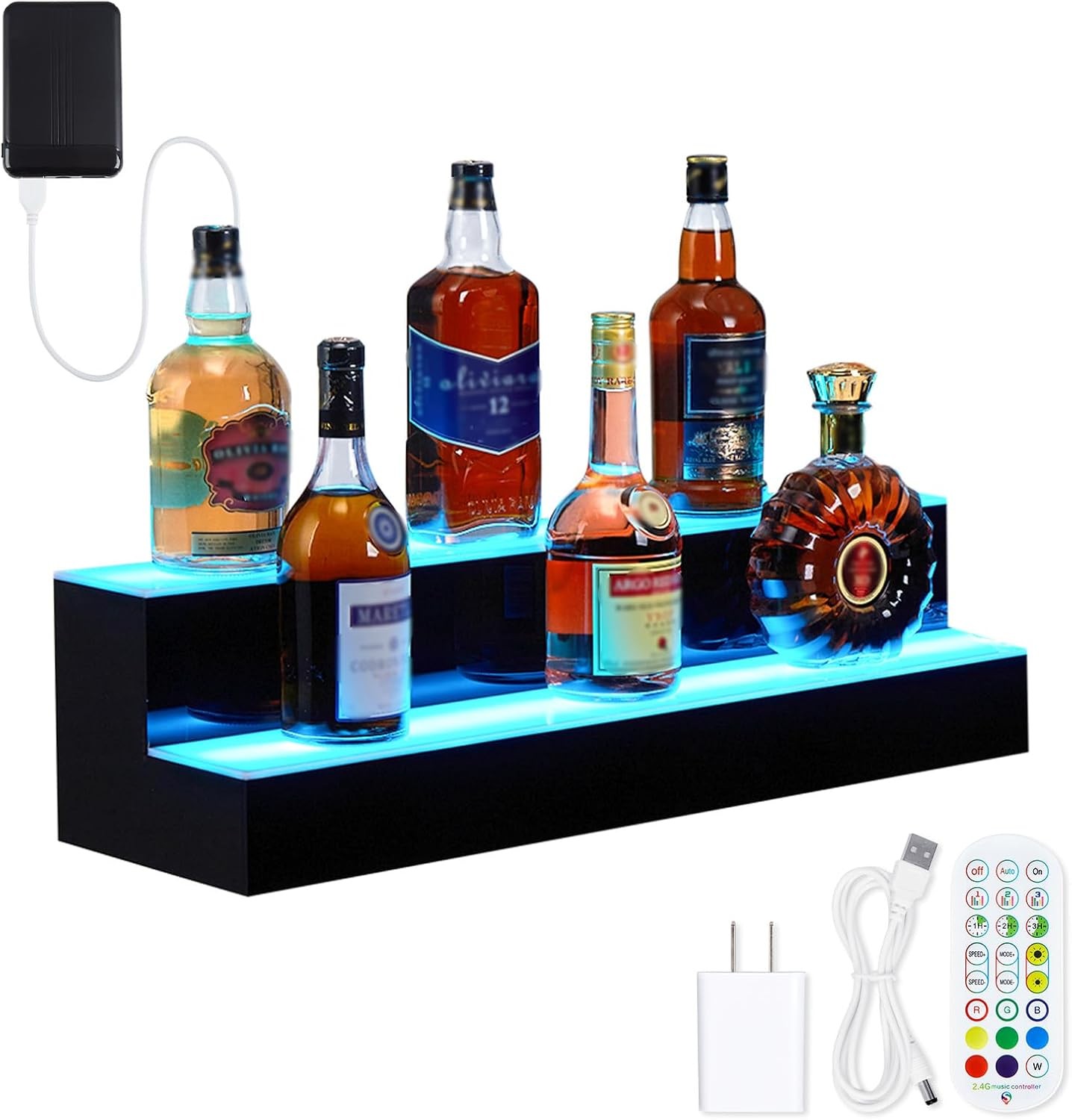 2-Tier LED Lighted Liquor Shelf 24" Acrylic Wine Rack Bottle Display Shelves
