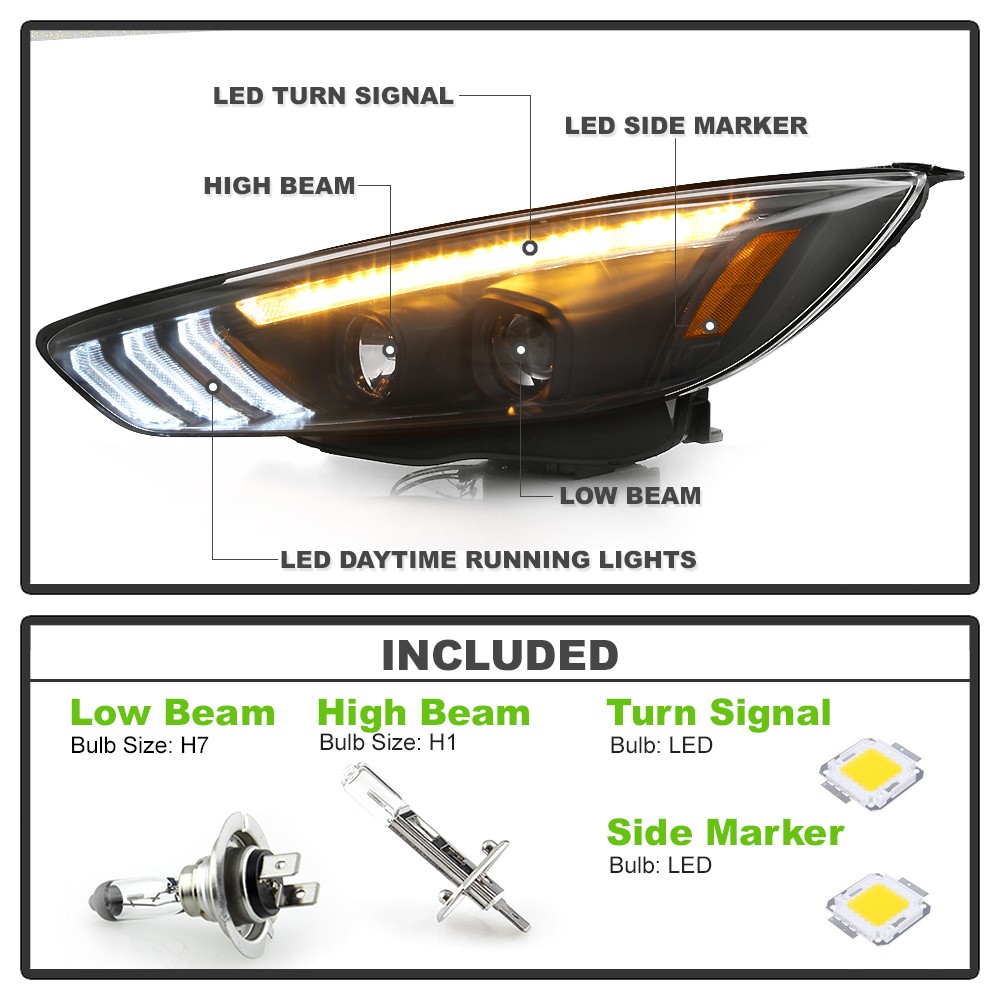 2015-2018 Ford Focus Halogen Type Black LED DRL Sequential Projector Headlights