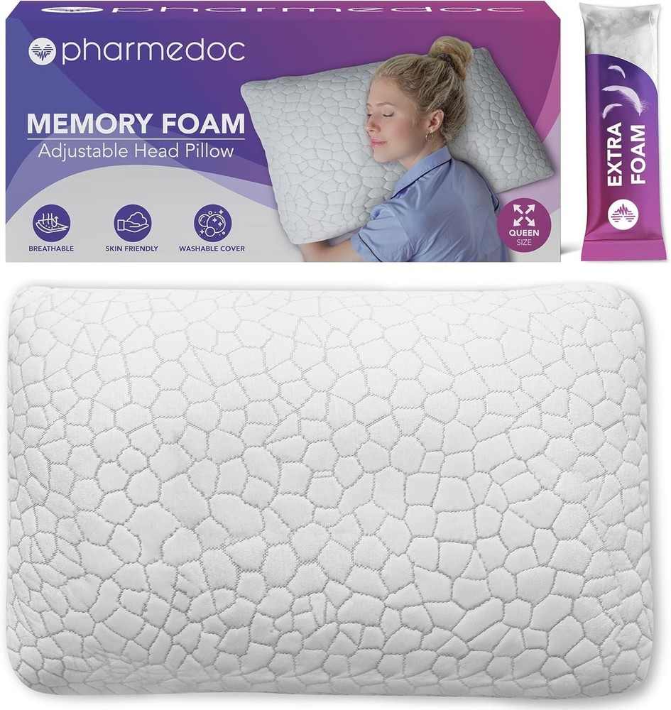 Pharmedoc Adjustable Shredded Memory Foam Bed Pillow - Perfect for Side Sleep