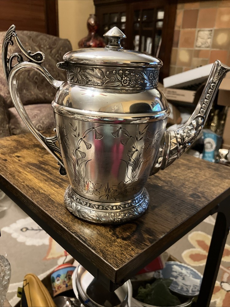 New York Silver Plated Vintage 8” Tall Coffee/Tea Pot, Reposse’, Triple Plate