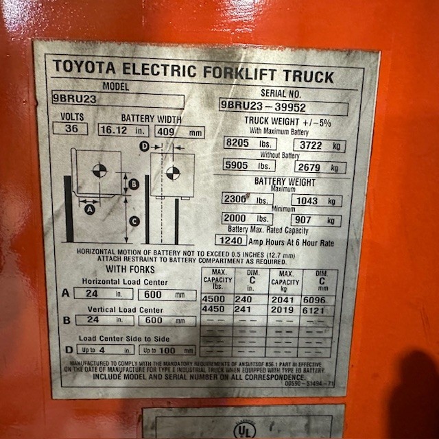 2019 Toyota 9BRU23 4500lb Used Reach Forklift Triple Mast Sideshift 4564 Hours