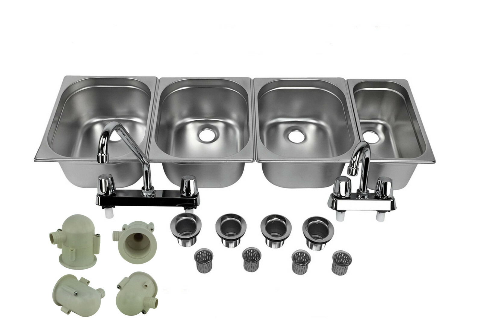 Concession Sink 4 Compartment Food Truck 3L+1S Handwash Faucets Drain Traps