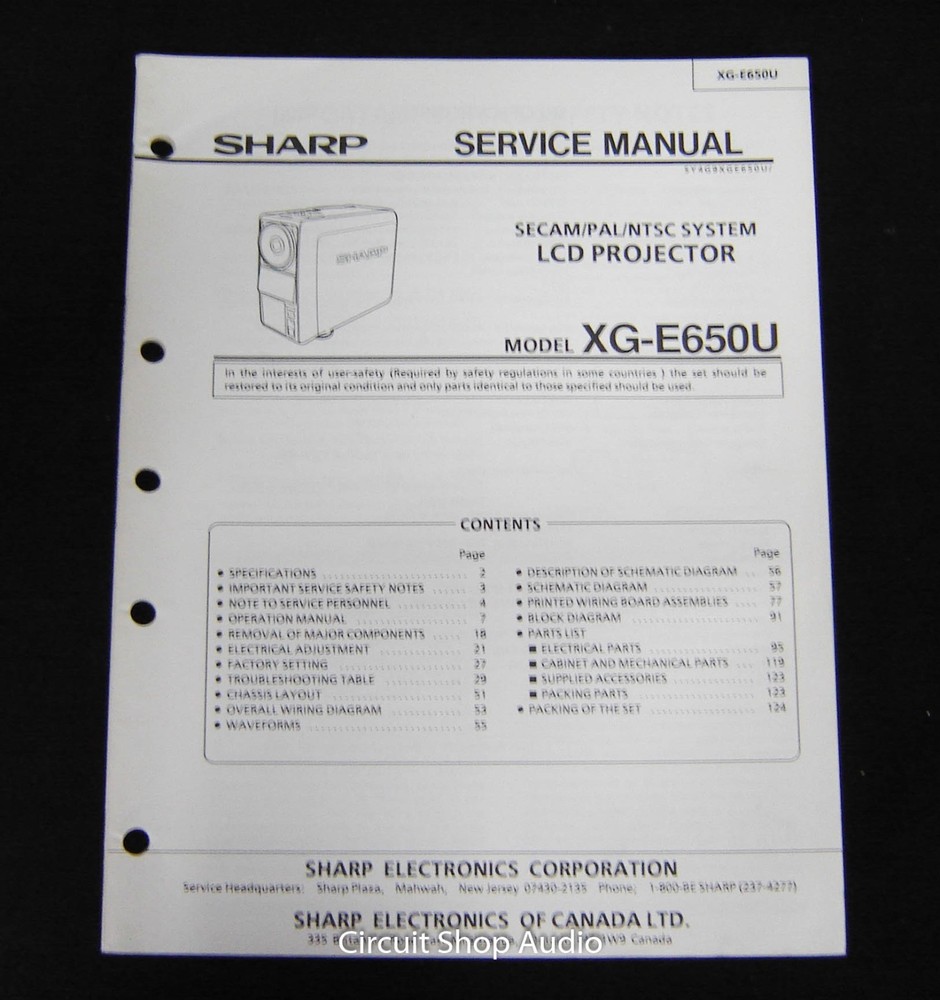 Original Sharp XG-E650U LCD Projector Service Manual