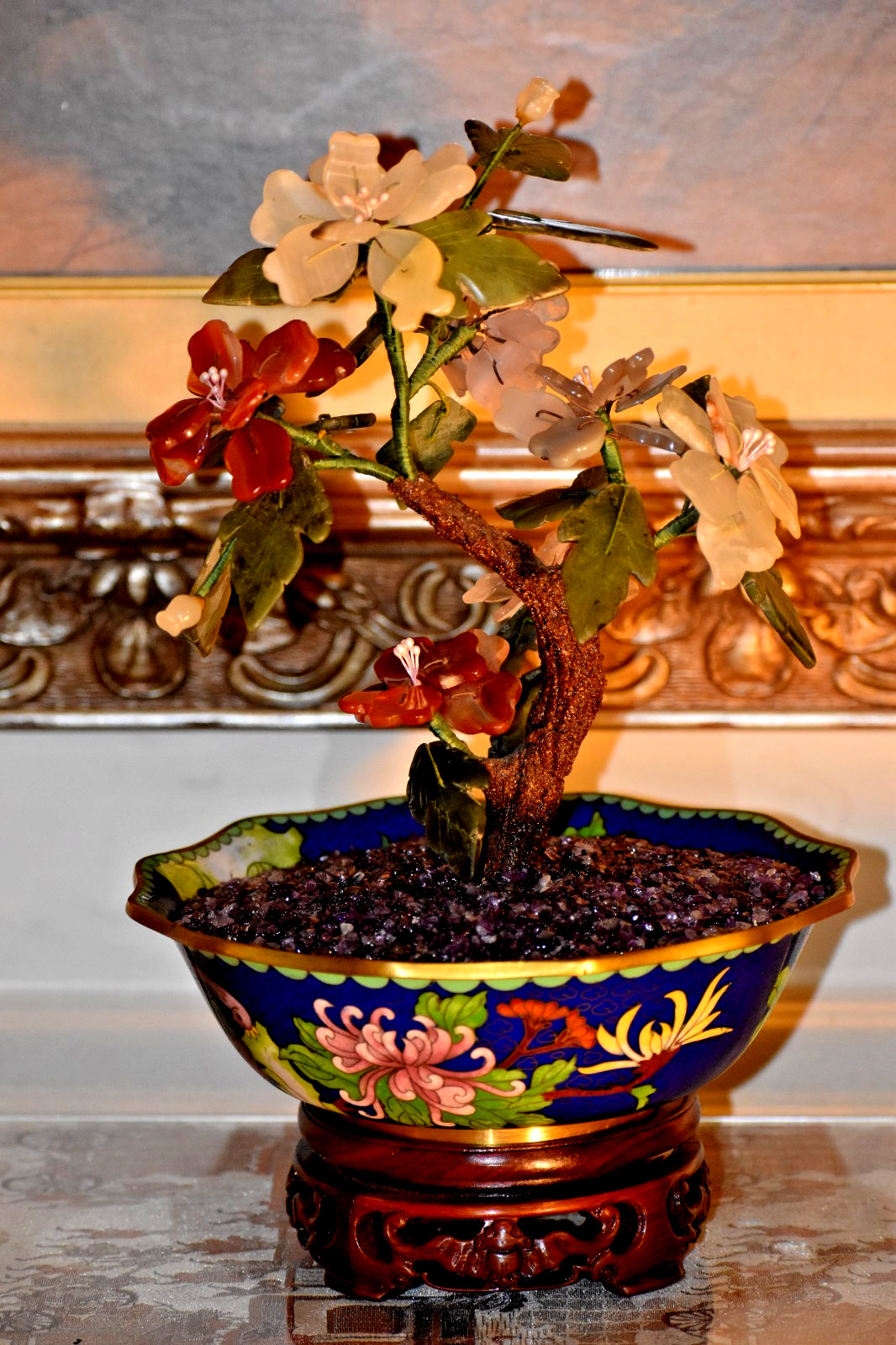 15" VINTAGE BONSAI PEKING JADE TREE IN 8" BLUE CLOISONNE BOWL W/SOLID EBONY BASE