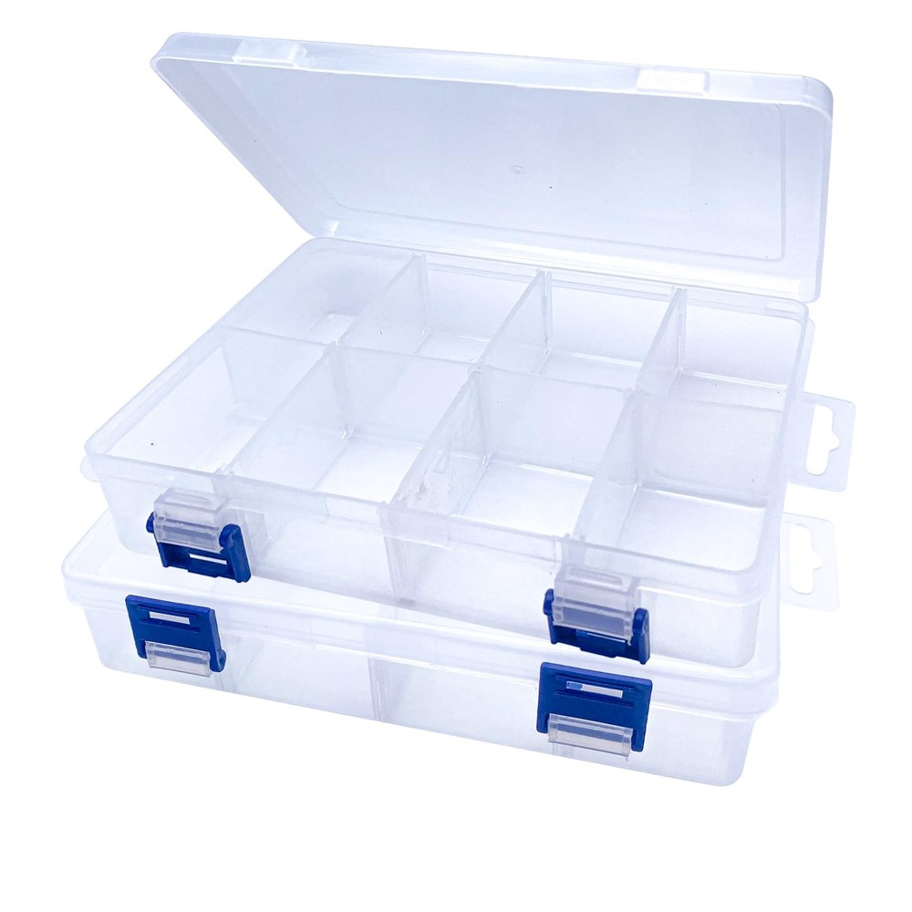 2 Pcs 8 Grids Clear Plastic Storage Box with Adjustable Dividers, Stackable 8...