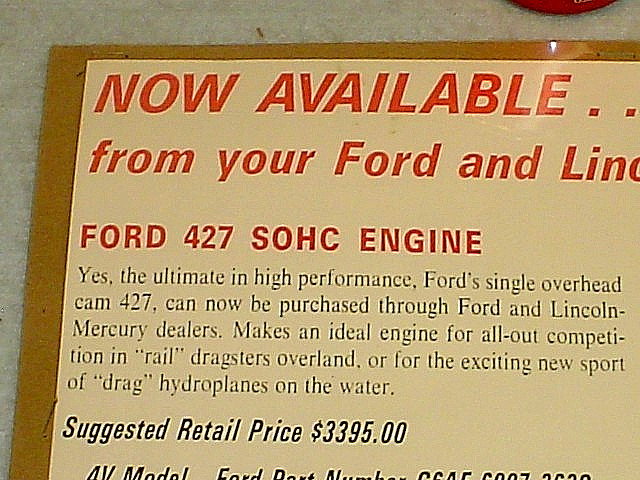 THREE VINTAGE 1960's FORD 427 OHC SOHC DRAGGIN ENGINE ADVERTISING PAPER POSTERS