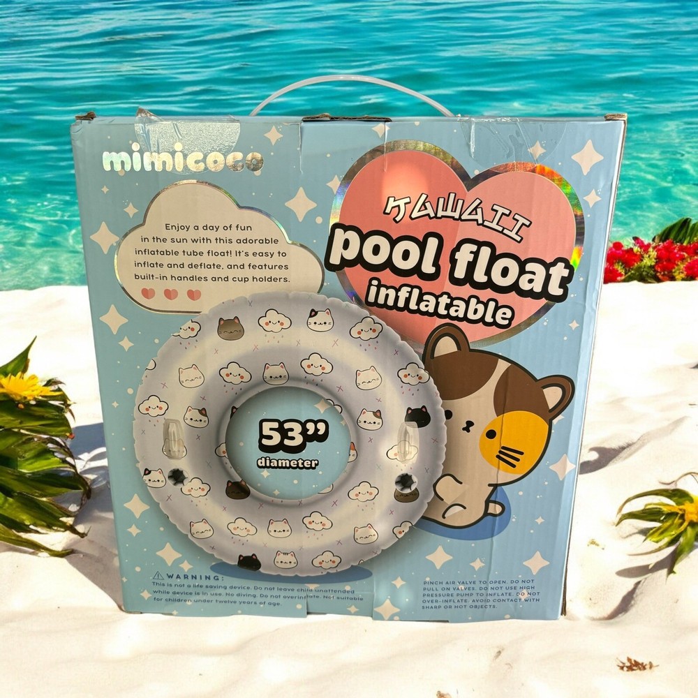 Minicoco Kawaii Pool Float Inflatable Size 53” Diameter White Innertube Smiling