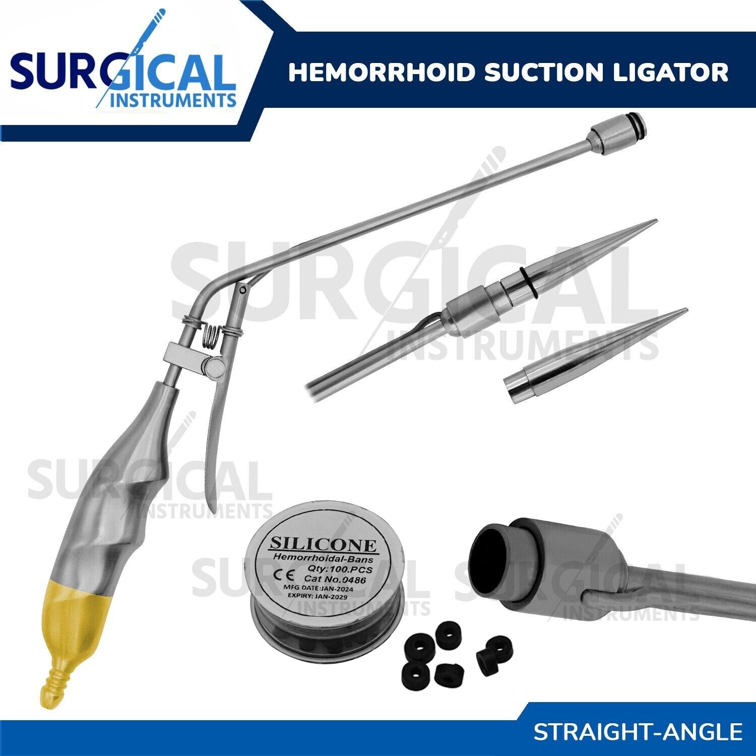 Hemorrhoid Suction Ligator Straight Angle & 100 Latex Bands Surgical Instruments