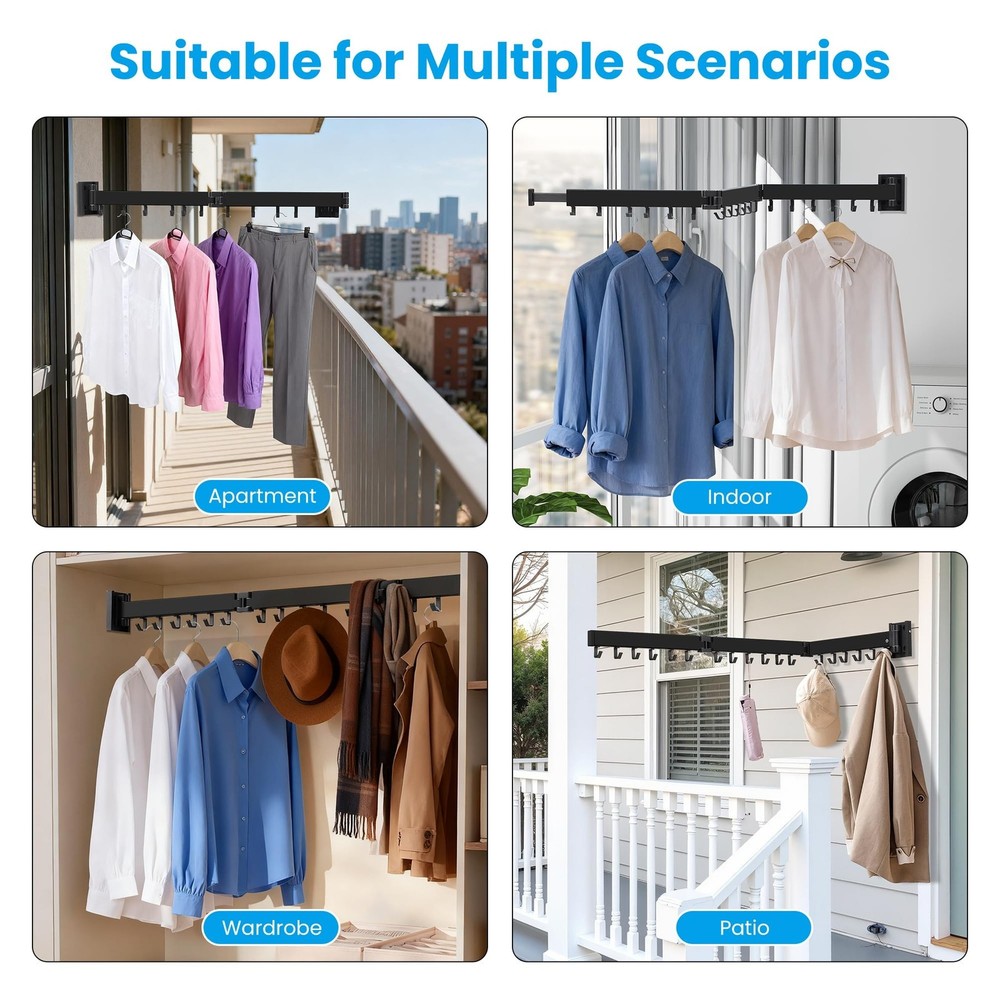 Clothes Drying Rack Wall Mounted, Retractable Collapsible(Tri-Fold) Space Sav...