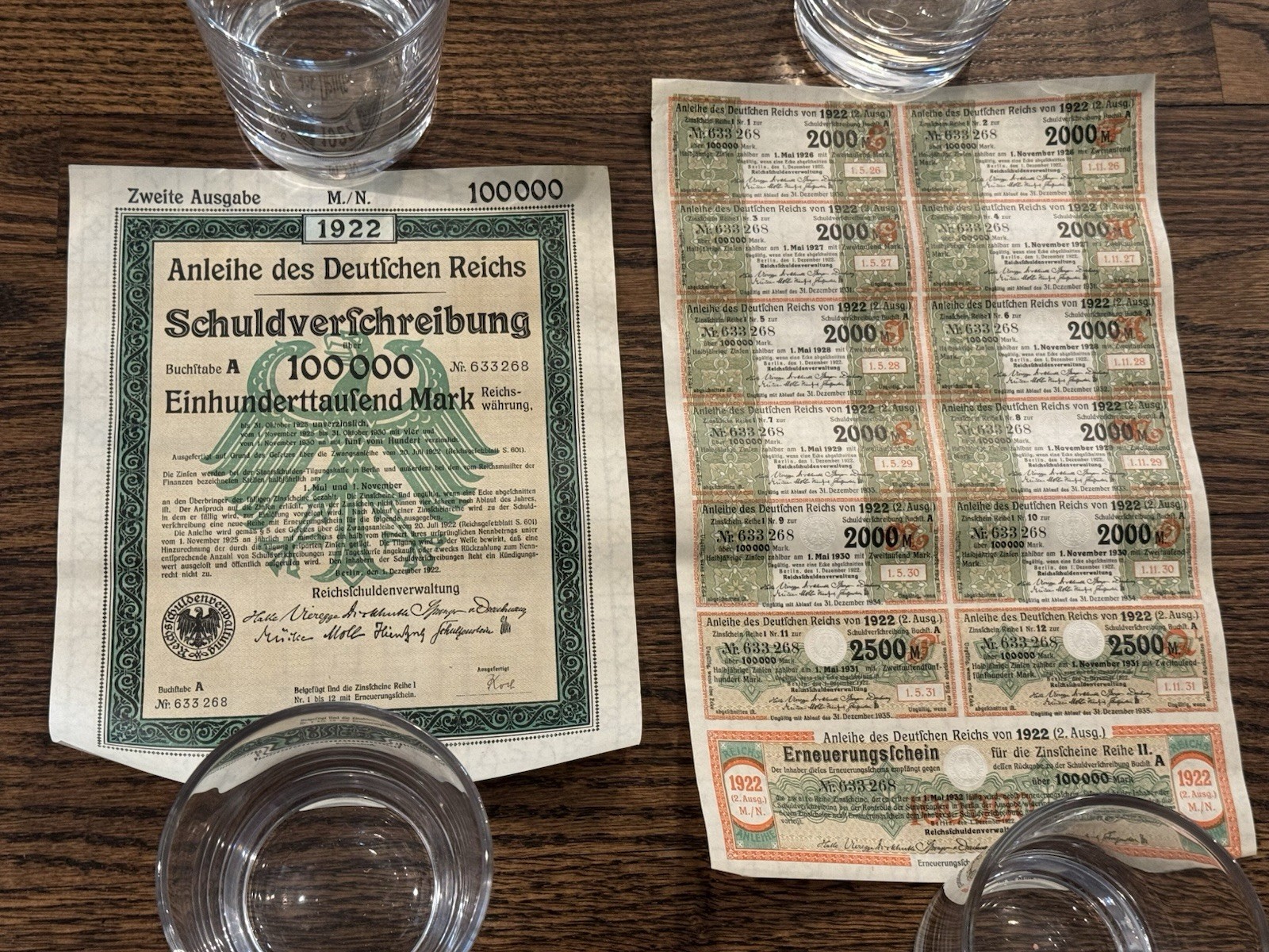GERMANY Weimar Republic 1922 Berlin German Treasury Bond w/ Coupons 100,000 Mark