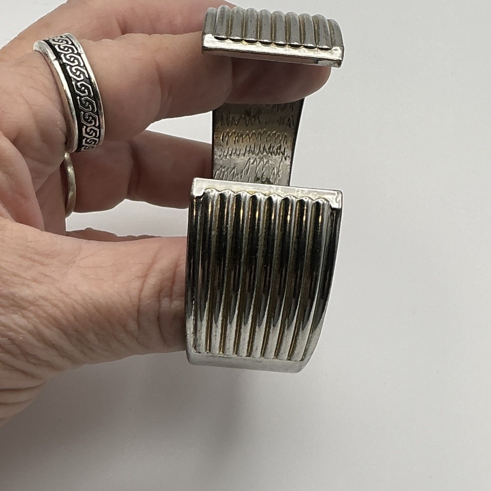 SS044 Art Deco Style Linear Clamper Hinged Bangle Cuff Bracelet Silverplated
