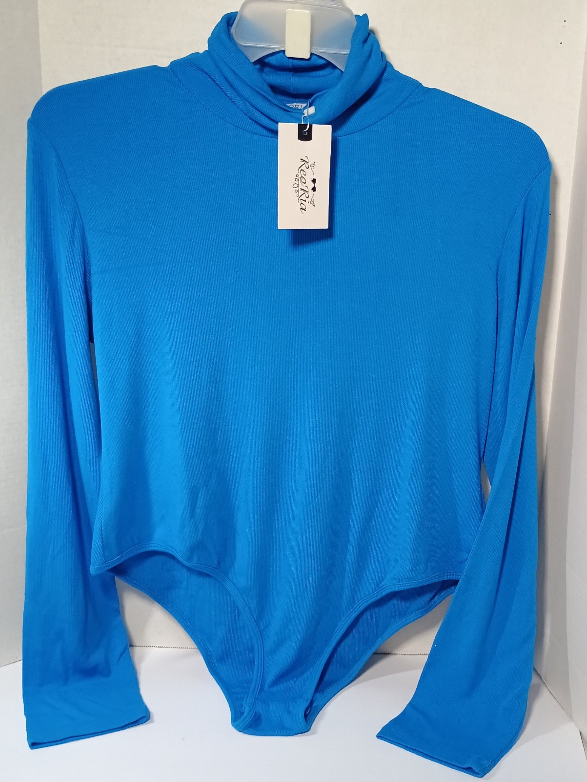 Reoria Women's 2X Blue Turtleneck Long Sleeve Bodysuit Ribbed Thong Leotard Top