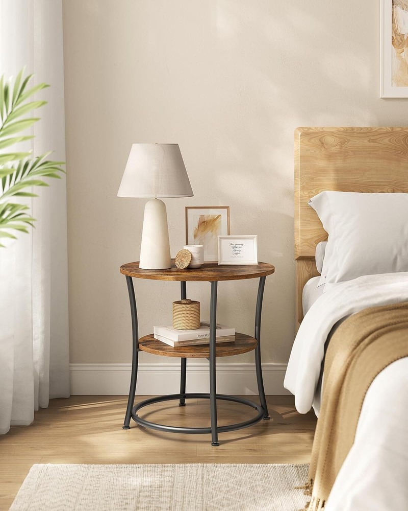 Side table, round side table with 2 storage shelves, nightstand with steel frame