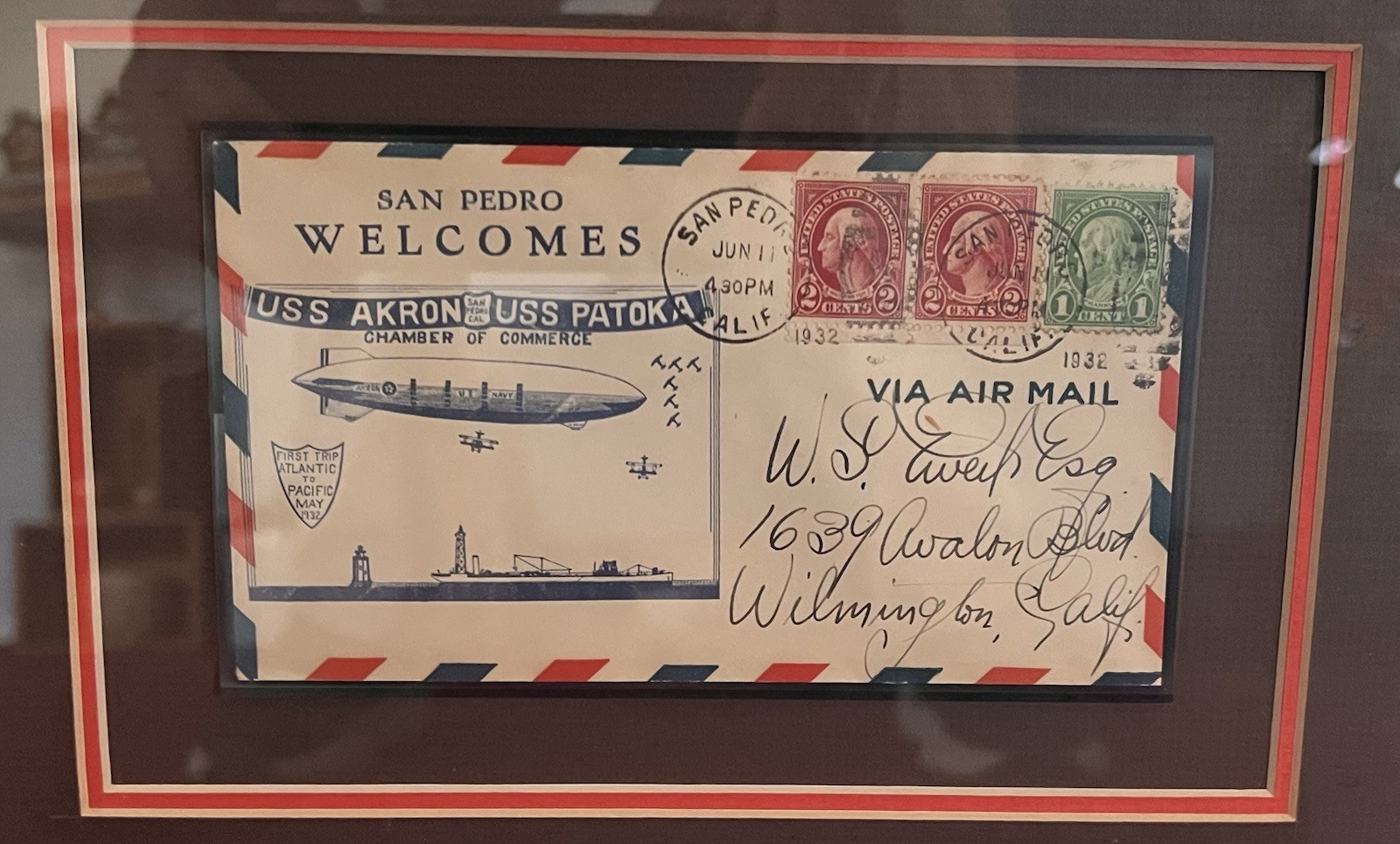 USS AKRON Signed Sketch With AIRMAIL LETTER That Was Carried Aboard - Framed