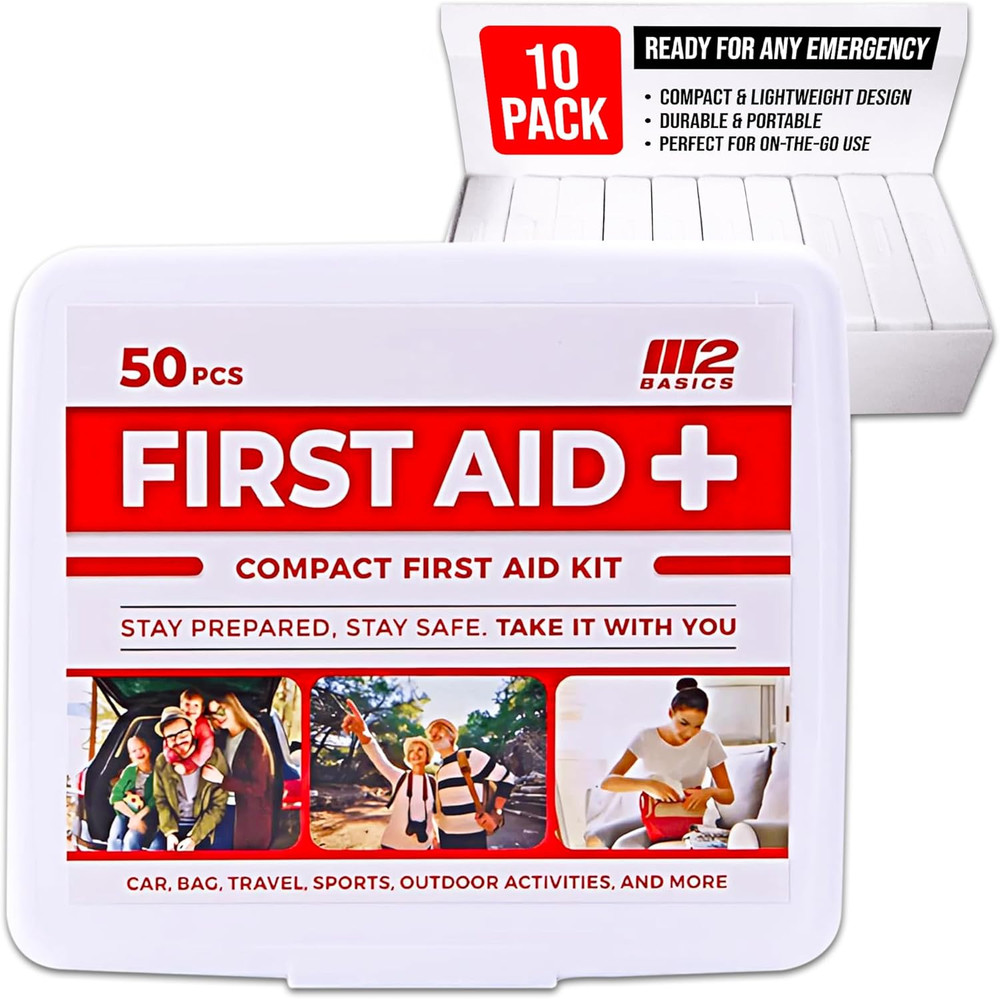 M2 BASICS Bulk 10-Pack Mini First Aid Kit Bundle (500 Pieces Total, 50 Pieces Pe