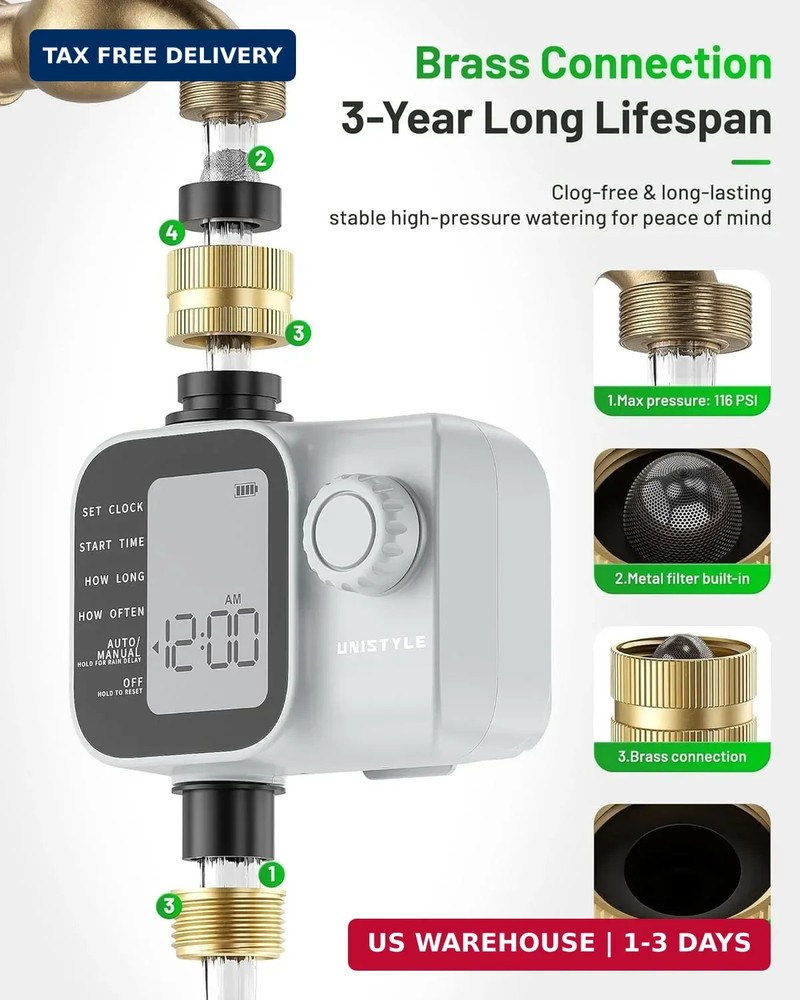 [2026 Upgrade] Sprinkler Timer with Brass Inlets & Outlets, Unistyle Programmabl