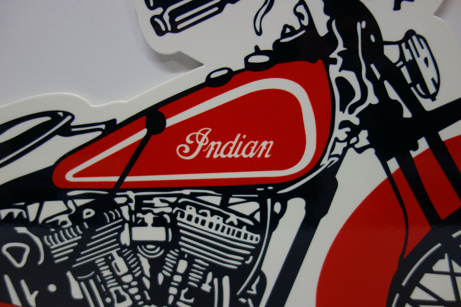 INDIAN MOTORCYCLE DIE CUT STEEL ENAMEL SIGN. 24" BY 11 7/8". VERY COLORFUL!